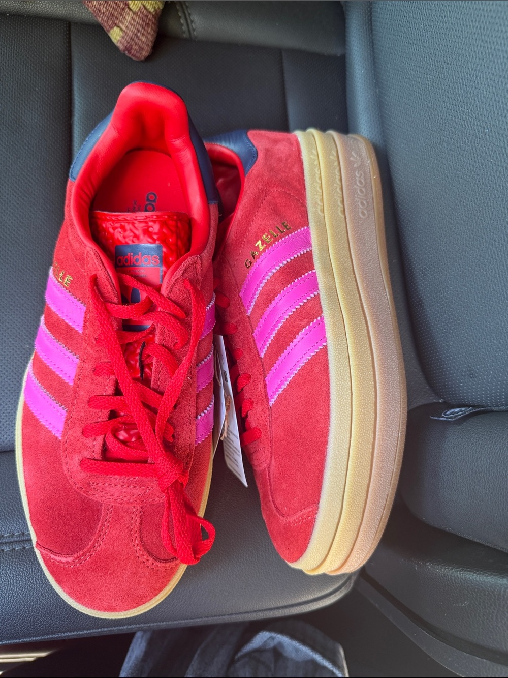 adidas Red Suede Sneakers with Pink Stripes